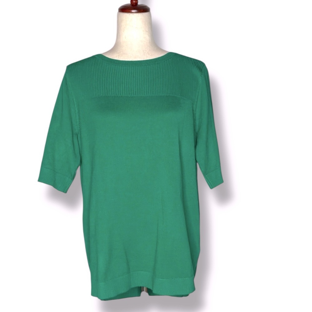 Melissa Paige Pepper Green Ribbed Crewneck Short Sleeve Relaxed Fit Sweater - Picture 2 of 7